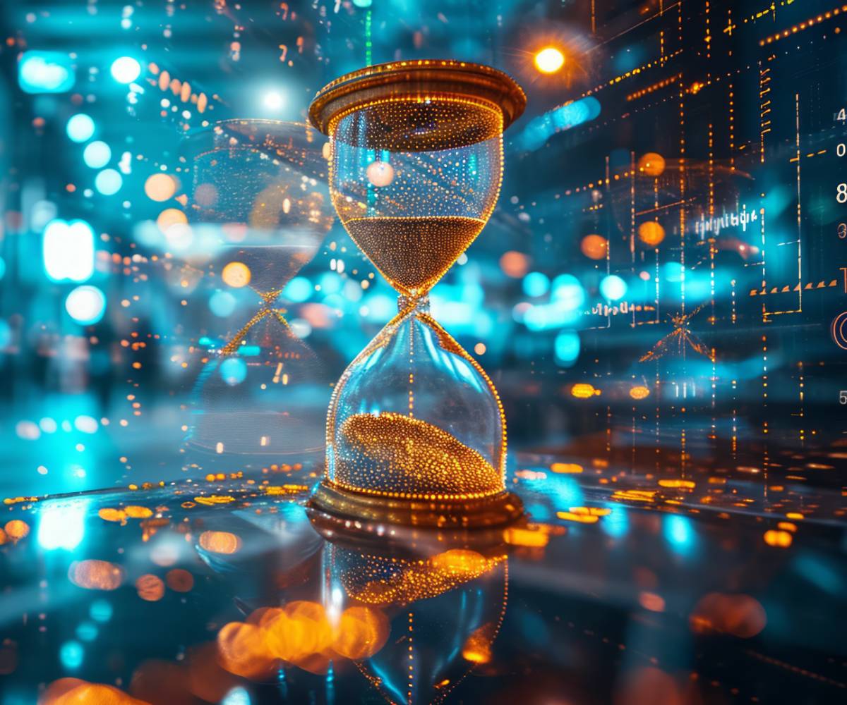 Time management in business, abstract clocks and hourglasses integrated into a fast-paced office environment