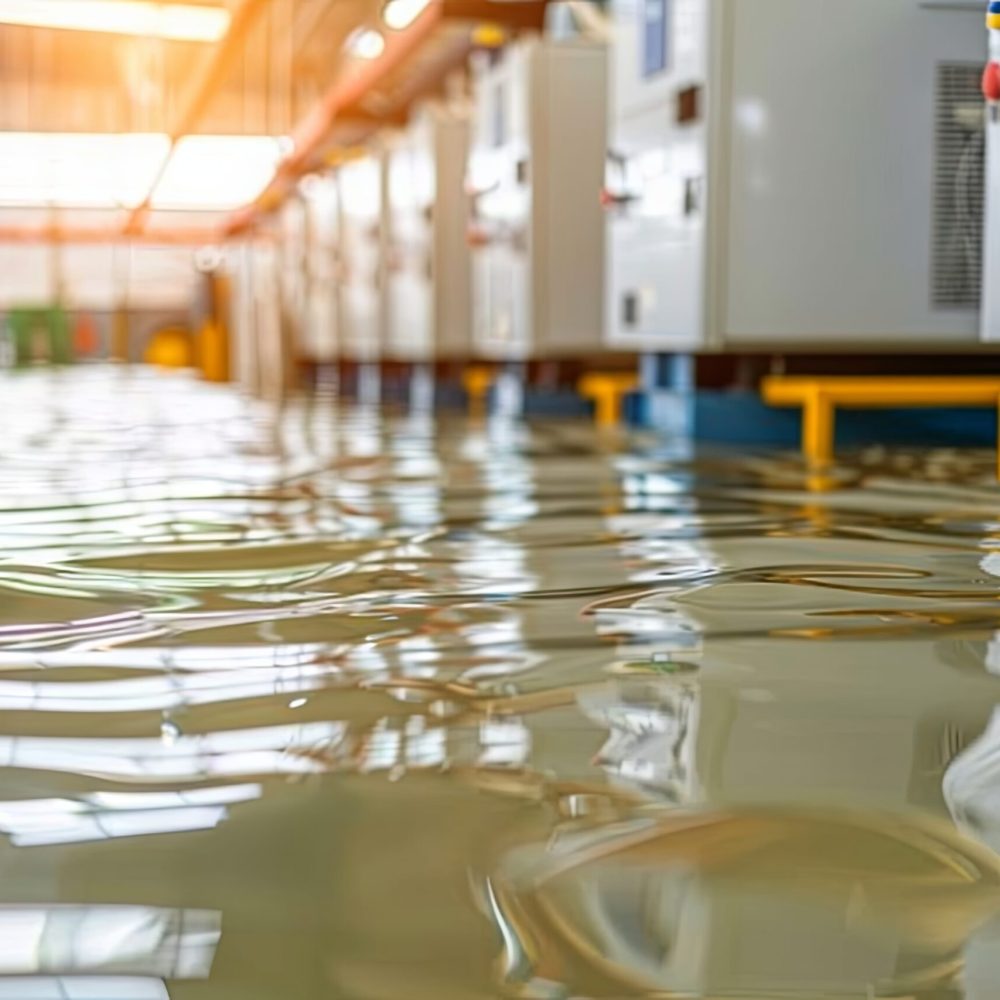 Industrial warehouse flooded with water reflecting machinery