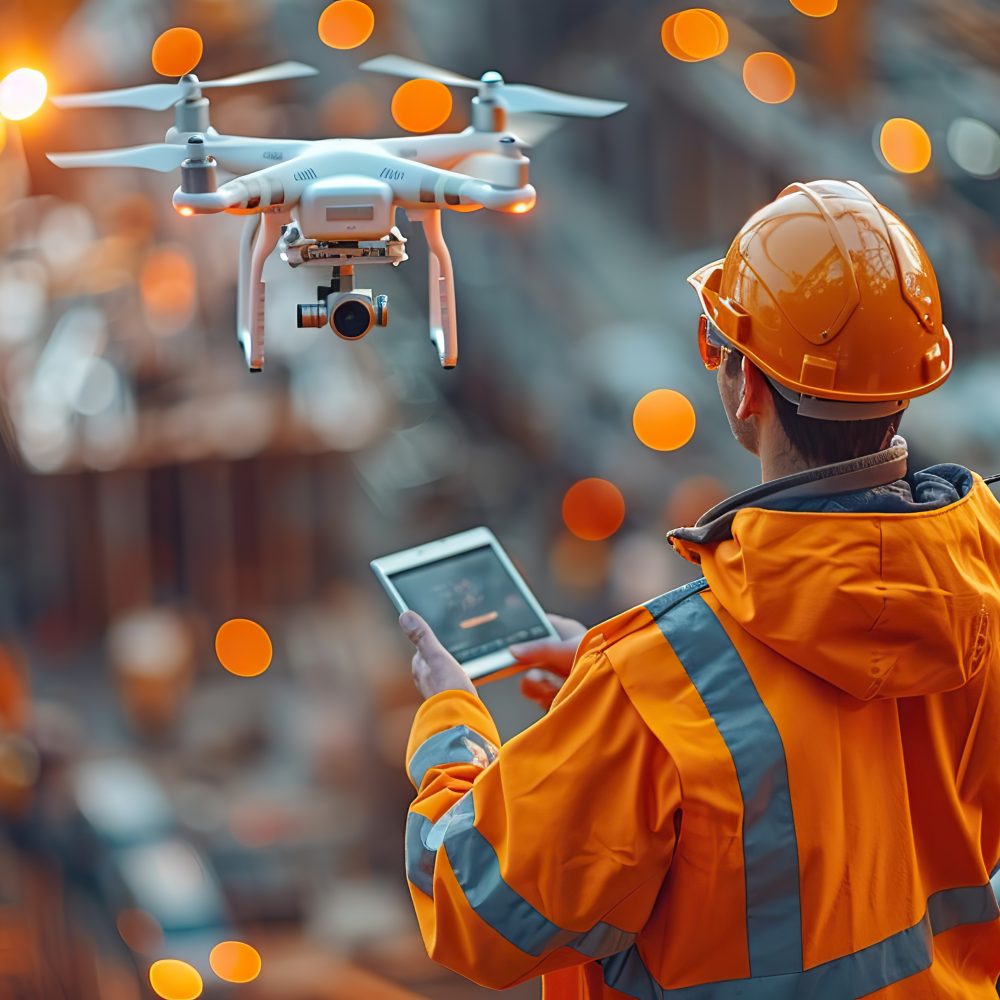 drone inspection operator inspecting construction site control by civil engineer with.illustration