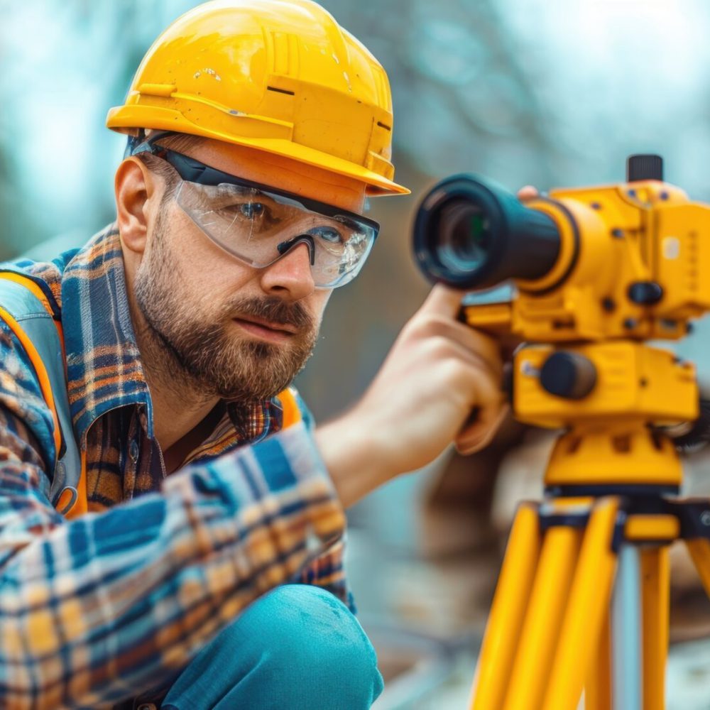Construction worker setting up a laser level