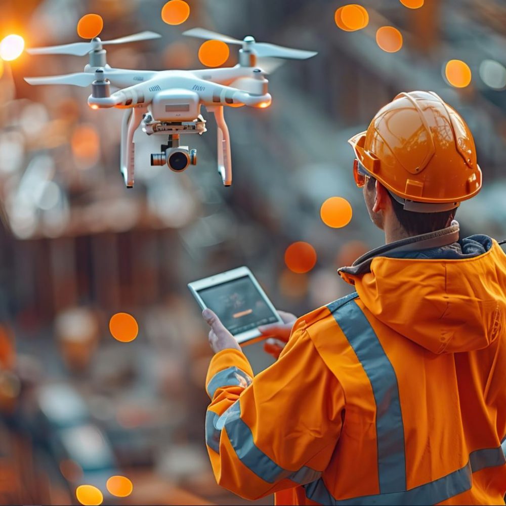 drone inspection operator inspecting construction site control by civil engineer with illustration